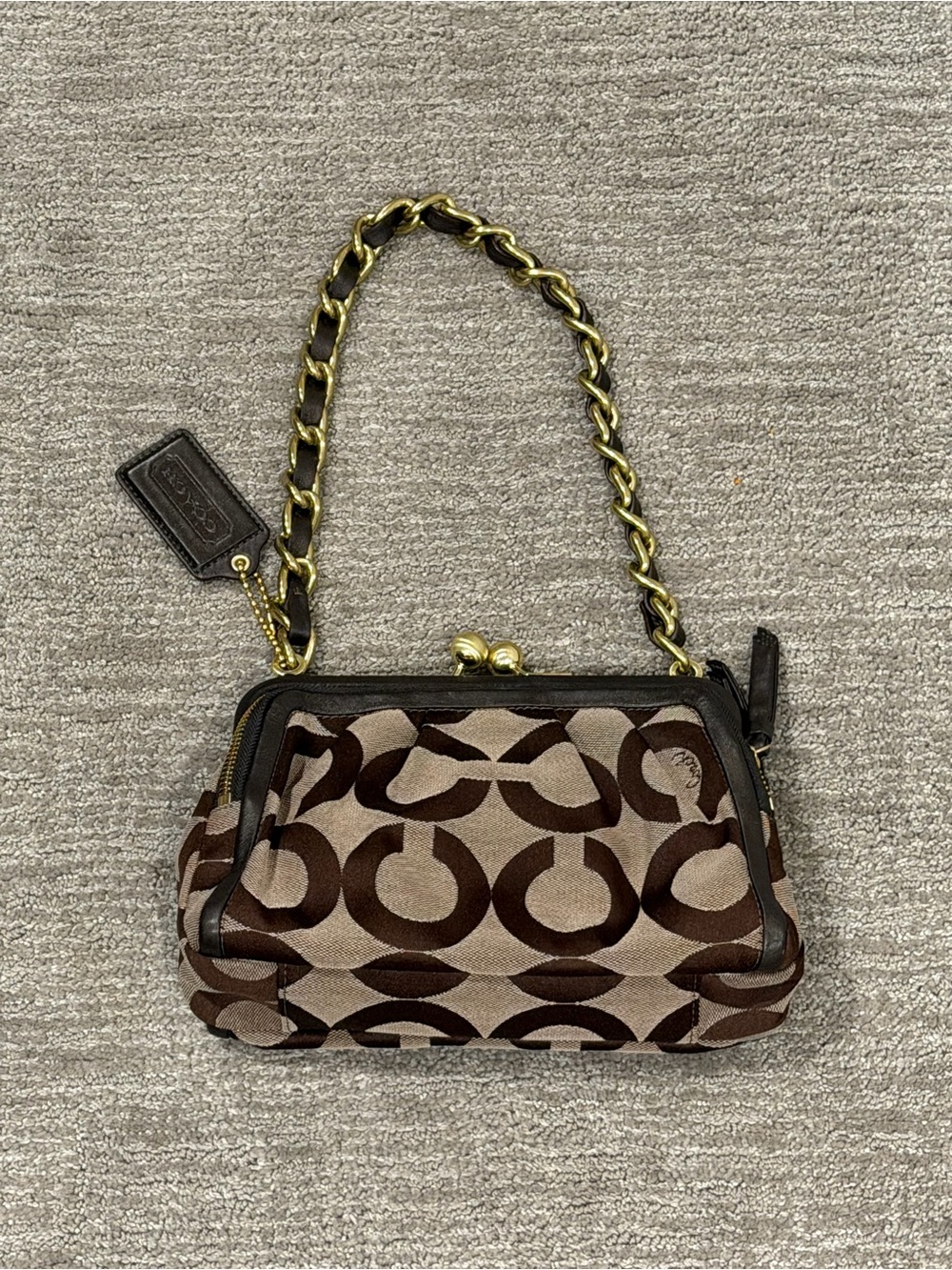Coach Brown Signature Canvas Kiss-Lock Shoulder Bag with Gold Chain